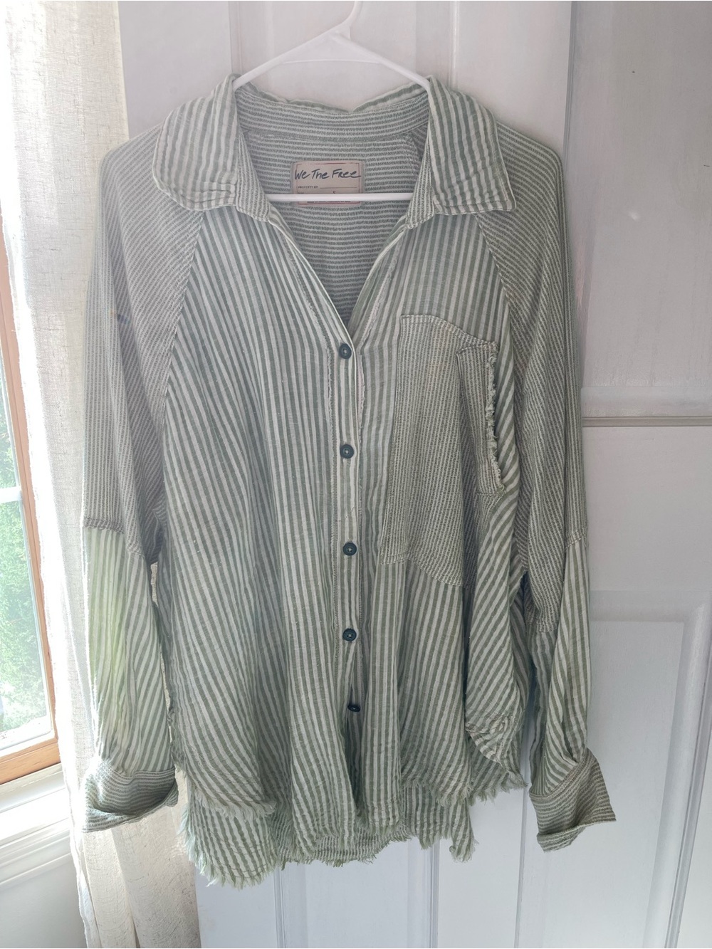 Free People Sage Green & White Striped Button-Up Shirt